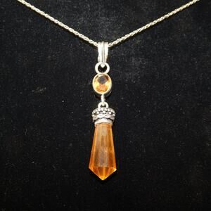 Citrine Prism Silver Plated Pendant with 925 Chain Necklace